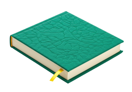 Isolated journal book with a green patterned cover and a yellow bookmark, for creative writing