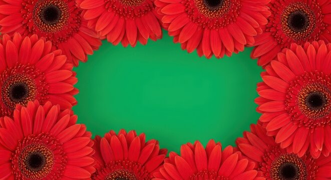 Red Gerbera Daisies Border Green Background gerbera daisy red flower