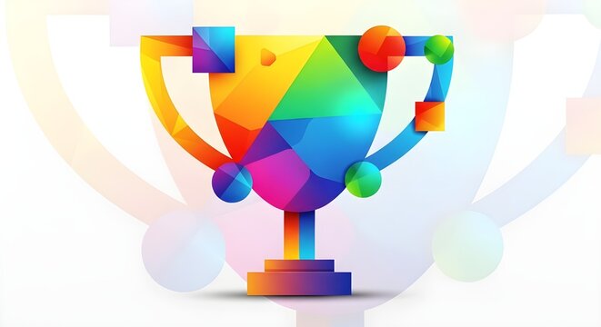Modern vector illustration of a trophy cup made from geometric shapes and bright gradients, symbolizing achievement and excellence