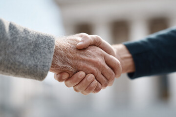Closeup of a handshake, symbolizing agreement, partnership, and trust. Ideal for finance, business, and legal themes, conveying reliability and collaboration.