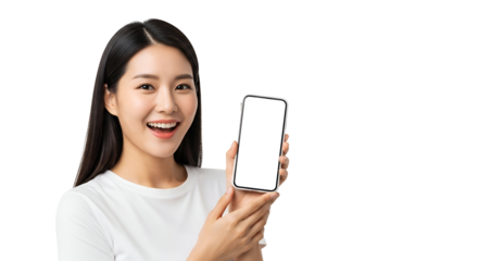 Excited Asian Woman Showing Mobile Phone with Blank White Screen Display Smiling in Studio Portrait Expressing Joy Holding Cell Phone for Advertising Marketing and Announcement Mobile App Interface