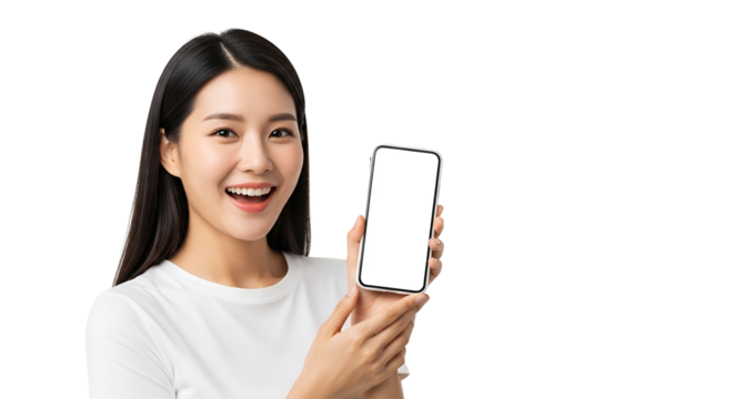 Excited Asian Woman Showing Mobile Phone with Blank White Screen Display Smiling in Studio Portrait Expressing Joy Holding Cell Phone for Advertising Marketing and Announcement Mobile App Interface