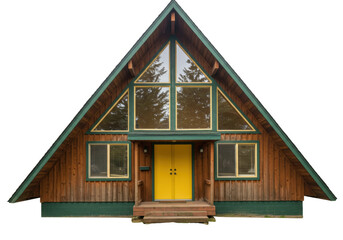 Isolated A-frame home with natural wood siding, green trim, and yellow door in front