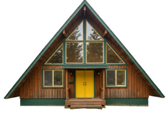Isolated A-frame home with natural wood siding, green trim, and yellow door in front