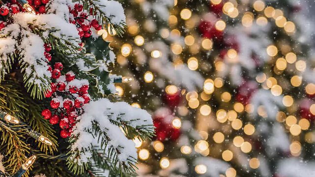 Snow-covered Christmas tree with red berries and festive lights  