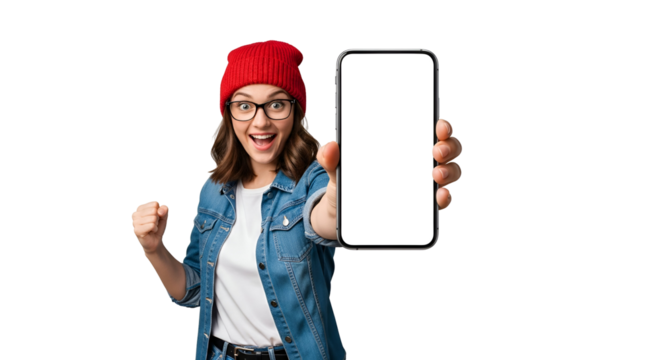 Excited Trendy Girl Displaying Smartphone with Blank Screen for Mockup Presentation Happy Young Woman in Red Beanie and Denim Jacket Showcasing Mobile Phone App or Website Modern Design Template - Powered by Adobe