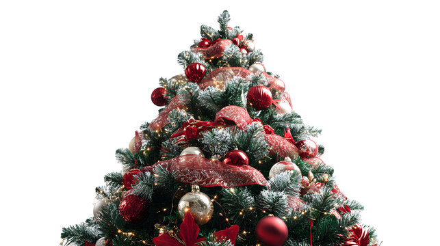 Christmas tree decorated with ornaments, ribbons, and tinsel isolated on white background