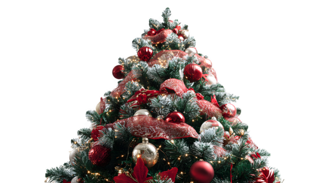 Christmas tree decorated with ornaments, ribbons, and tinsel isolated on white background