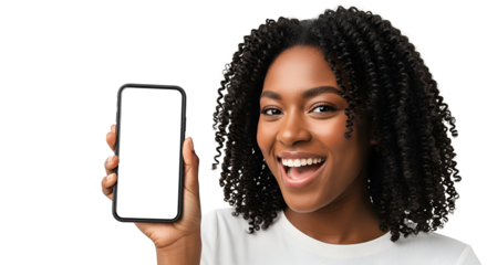 Delighted African American Woman Displaying Smartphone with Empty Screen for Mockup Beautiful Woman Smiling and Presenting a Cellphone Interface Perfect for Mobile App Advertising Product Display