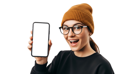 Cheerful Woman Displaying Blank Smartphone Screen for Promotion and Online Communication Holding Mobile Device Posing with Expressive Face Smiling Using Cellphone for Advertising Content on Black