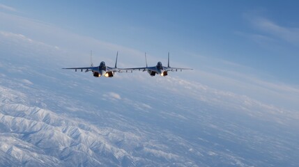 Aerial View of Twin Fighter Jets Launching Against a Blue Sky Over Snow-Capped Mountains