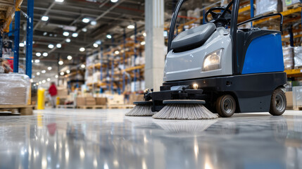 Close-up of a floor cleaning machine gliding over a polished warehouse floor, brushes and rollers in motion, reflections of overhead industrial lights shimmering on wet surface, em