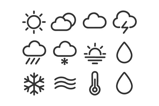 Vector weather icon set: sun, clouds, rain, snow, thunder, temperature, wind.