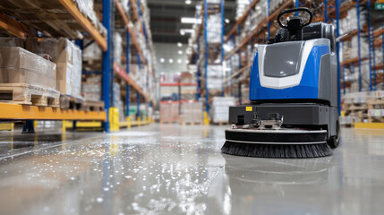 Detailed close-up of an automated floor scrubber in a warehouse, rotating brushes visible, water and cleaning solution glistening on the smooth floor, highlighting industrial maint