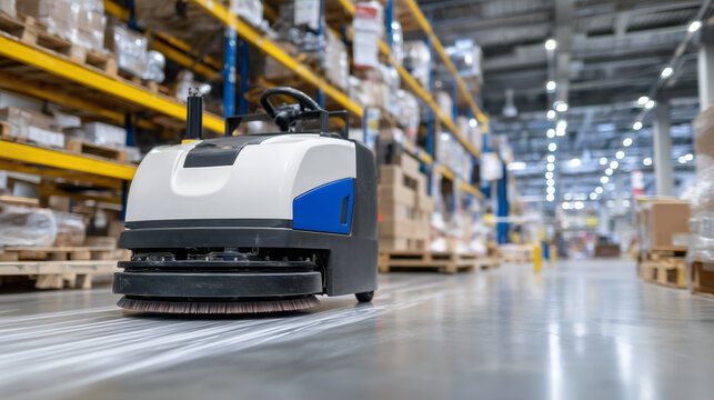 Close-up of a robotic floor cleaning machine moving across warehouse floor, streaks of clean path visible, industrial shelves blurred behind, emphasizing automated efficiency