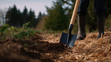 Farmers Preparing an Agricultural Disposal Pit with Shovel in Field Wearing Boots and Vis