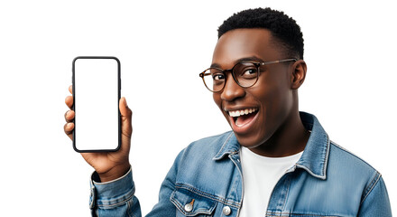 Happy African American Man Showing Phone Screen wearing Glasses and Denim Jacket enjoying the technology and connectivity of his smartphone demonstrating Mobile App Interface Mockup with great