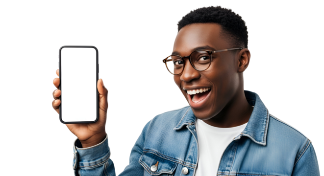Happy African American Man Showing Phone Screen wearing Glasses and Denim Jacket enjoying the technology and connectivity of his smartphone demonstrating Mobile App Interface Mockup with great