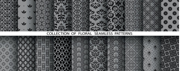 Naklejka premium Geometric floral set of seamless patterns. Gray and black vector backgrounds. Damask graphic ornaments