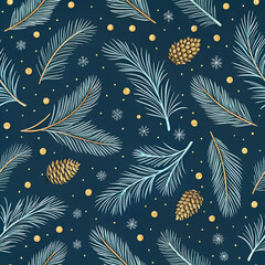 Seamless pattern featuring delicate pine branches and golden dots on matte navy blue background.