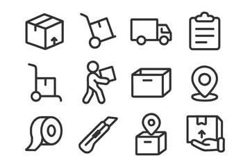 Delivery and packaging icons: box, truck, location, tape, cutter.