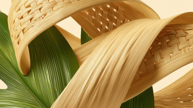 An abstract background featuring a mix of textures, woven rattan, smooth bamboo, and a single large tropical leaf. Natural shapes, warm tones.