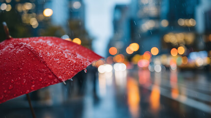 Person standing alone under a striking red umbrella on a rain-soaked street, blurred urban crowd passing by, glistening puddles reflecting city lights and raindrops on the umbrella