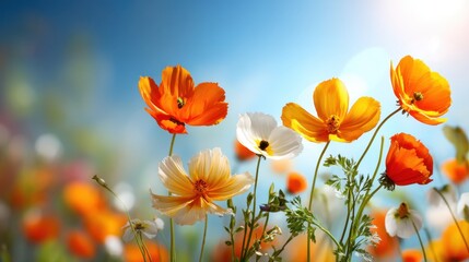 Obraz premium Colorful Blooming Flowers Against a Bright Sky with Sunlight and a Soft Bokeh Effect in a Lush Green Field Setting