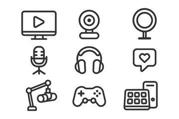 Minimalist streaming icons set: microphone, headphones, controller, camera, desktop.