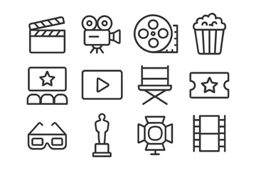 Cinema and movie icons collection - camera, film reel, popcorn, director's chair, glasses, spotlight.