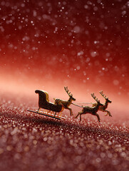 A glittering golden sleigh with reindeer figures flying over a sparkling red festive background creating a magical Christmas atmosphere