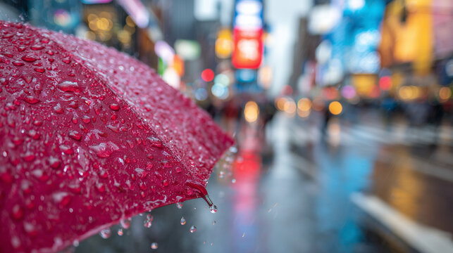 Rainy city street scene, person in focus under vivid red umbrella covered in droplets, blurred pedestrians and neon reflections behind, wet pavement adding depth, contrast, and cin