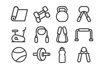 Fitness icons: yoga mat, dumbbells, kettlebell, jump rope, exercise bike.