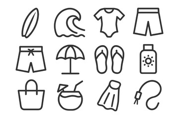Beach essentials icons: surfboard, waves, swimwear, umbrella, flip-flops, sunscreen.
