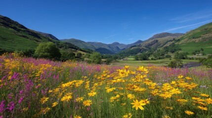 Obraz premium Scenic View of Vibrant Wildflowers and Majestic Mountains Under Clear Blue Sky in Idyllic Rural Landscape