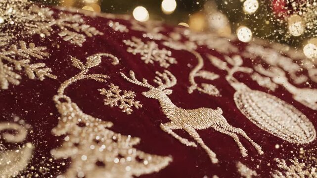 Christmas-themed pillow with reindeer and ornaments in gold embroidery  