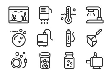 Aquarium equipment icons set including filter, heater, and thermometer.