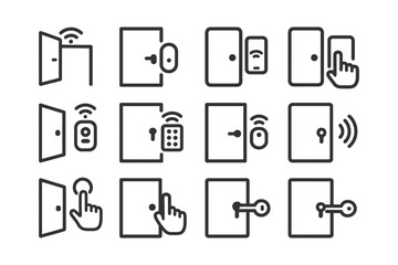 Smart door icons: wifi, security, keypad, touch access, tech interface.