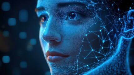 Close up of a digital human face with glowing blue network connections and dark background elements