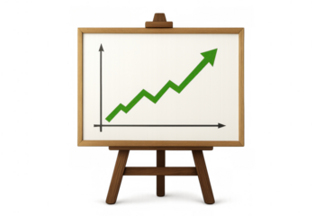 Whiteboard on an easel showing an increasing line chart with an upward green arrow, representing growth, success, and positive trends
