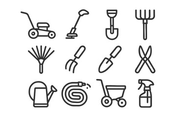 Vector icons of gardening tools: spade, rake, watering can, pruning shears, hose.