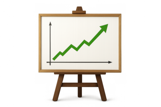 Whiteboard on an easel showing an increasing line chart with an upward green arrow, representing growth, success, and positive trends