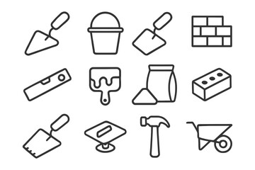 Construction tools vector: trowel, paintbrush, hammer, wheelbarrow, brick and mortar icons.