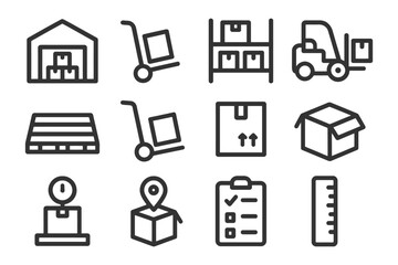 Warehouse and logistics icons: forklift, packages, pallet, checklist, storage outline.