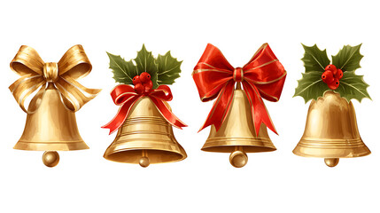 Collection of golden bells with ribbon and holly decoration isolated on white background