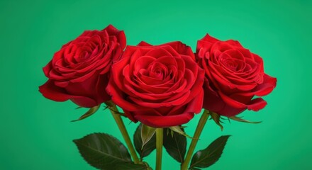 Obraz premium Three red roses with green background flower floral