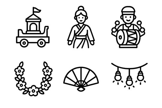 Cultural Parade Icons. Heritage Celebration outline icon set: parade float, traditional outfit, drumline, flower garland, fan, lights.