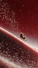 A glittering golden sleigh with reindeer figures flying over a sparkling red festive background creating a magical Christmas atmosphere