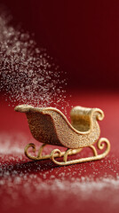 A glittering golden sleigh with reindeer figures flying over a sparkling red festive background creating a magical Christmas atmosphere