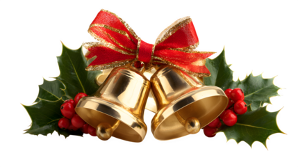 Collection of golden bells with ribbon and holly decoration isolated on white background